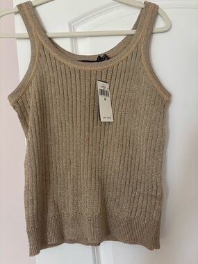 Lauren Ralph Lauren Metallic Ribbed V-Neck Tank - Beige Gold